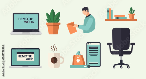 Remote Work Flat Icons Set: Laptop, Coffee, Plant, Office Chair, Bookshelf