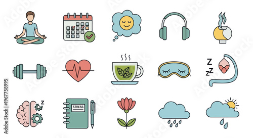 Self Care Icons: Yoga, Health, Sleep, Relaxation, Mindfulness, Wellness, Stress Relief