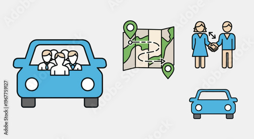 Car Sharing and Travel Concept Icons: Carpool, Map, Handshake, Route