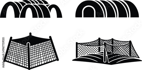 Agricultural greenhouse tunnels and protective crop netting structures icons with crop protection