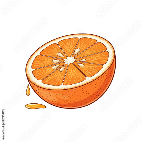 Juicy orange slice with peel and drops.