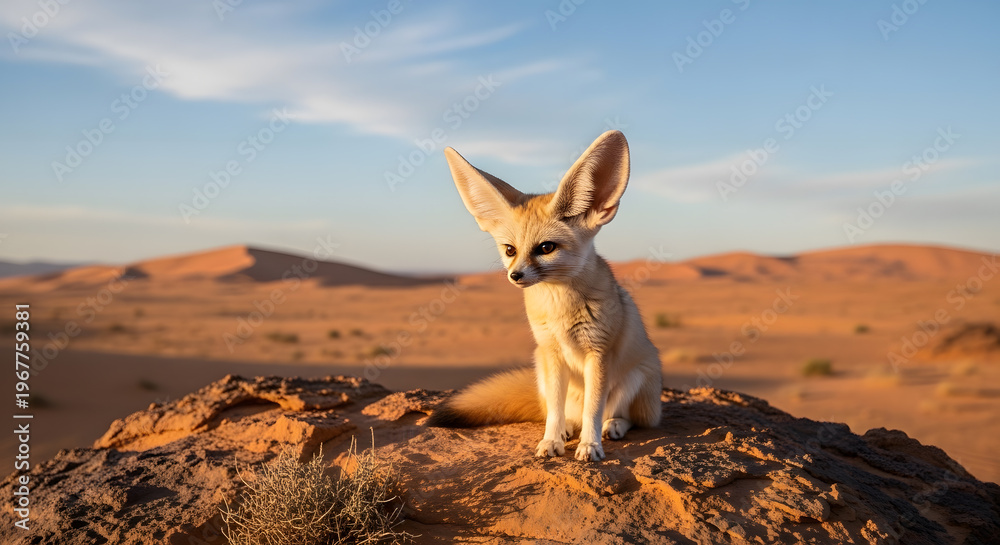 Naklejka premium A small desert fox with large ears sitting on a stone