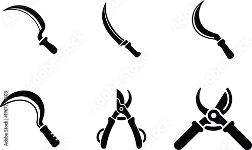 Essential farm and garden hand tools sickles and pruning shears icons with farm tool with black and white