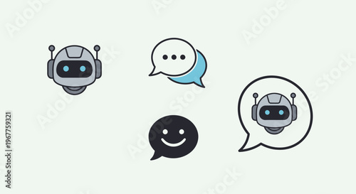 Chatbot Icon, AI Robot Head, Speech Bubbles and Smiley Face on White Background