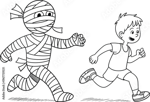 Cartoon mummy chasing boy, Halloween running scene, spooky costume illustration, black and white vector, kids holiday activity, playful monster chase