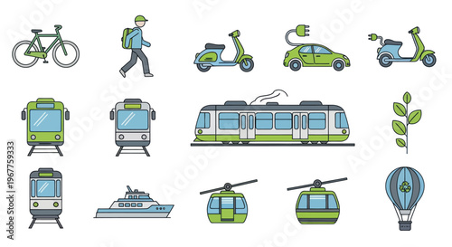 Eco friendly transportation icons set, green technology, sustainable urban mobility, vector illustration