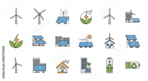 Renewable Energy Icons: Wind Turbines, Solar Panels, Eco-Friendly Buildings, Battery Storage