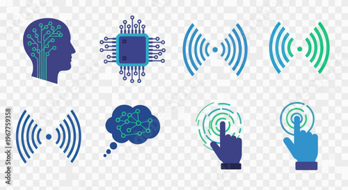 Technology Icons: AI Head, CPU Chip, Wireless Signals, Brain Network, Touchscreen