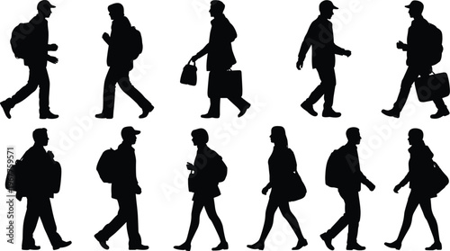 Silhouetted people walking with backpacks and briefcases vector illustration showcasing motion, posture, lifestyle, travel, business, and human activity design