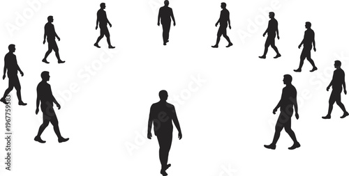 Silhouetted people walking in circular formation vector illustration symbolizing unity, teamwork, collective focus, convergence, and dynamic human motion design