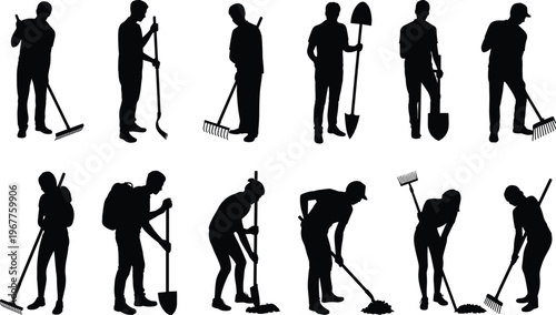 Garden workers silhouettes set raking digging shovel tools landscaping maintenance labor isolated on white background vector illustration collection