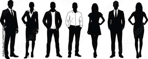 Vector silhouettes of business professionals standing together in corporate attire representing teamwork, diversity, leadership, and workplace collaboration illustration design