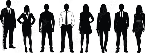Vector silhouettes of diverse business professionals standing together in corporate attire representing teamwork, leadership, collaboration, and workplace diversity illustration design