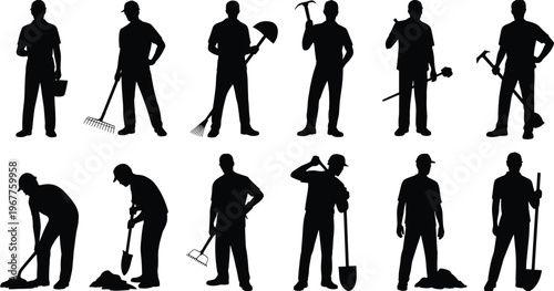 Construction workers silhouettes set digging raking hammer tools manual labor builder standing working isolated on white background vector illustration