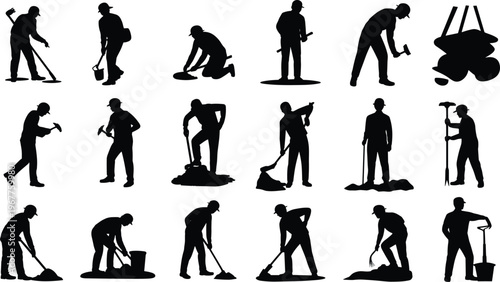 Construction workers silhouettes set digging hammering cleaning tools wheelbarrow manual labor builder working isolated on white background vector illustration