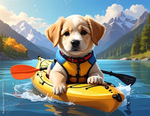 Puppy in kayak on serene lake.