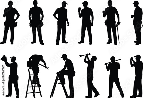Construction workers silhouettes set various poses tools ladder hammer drilling standing working isolated on white background vector illustration collection professional
