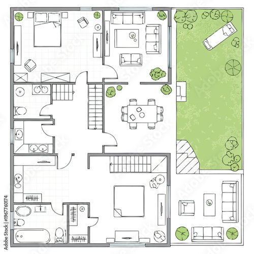 Detailed architectural floor plan with furniture layout for a modern multi room dwelling including living areas bedrooms bathrooms and outdoor garden