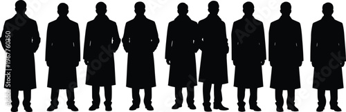 Vector silhouettes of people in long coats standing together representing unity, conformity, teamwork, diversity, and professional lifestyle illustration design