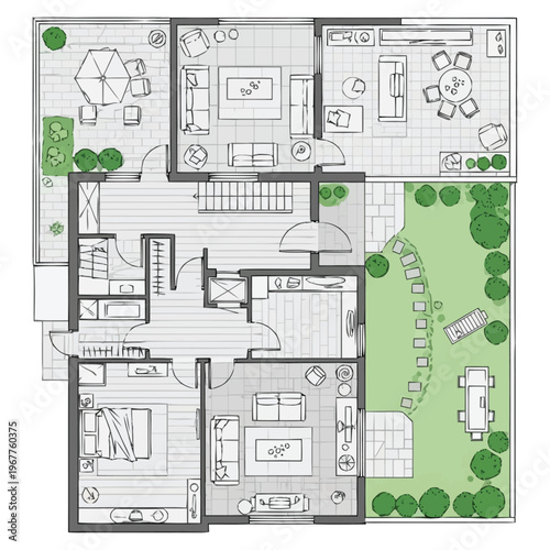Modern residential floor plan showcasing multiple living spaces an open layout with outdoor seating areas and a green yard space A detailed