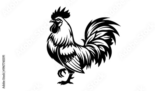 Hand drawn tribal rooster vector with black and white ornamental lines and artistic logo design isolated on white