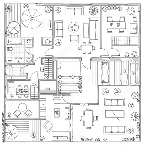 Architectural Floor Plan Drawing of Modern Residential Apartment Layout With Furniture Arrangement And Exterior Spaces furniture icons interior