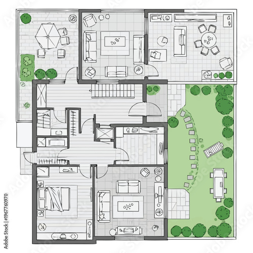 Detailed architectural floor plan layout showcasing a modern residential home interior design with outdoor living space and landscaping elements for
