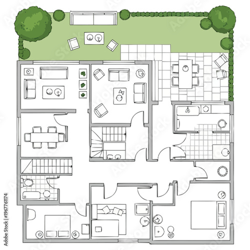 Detailed Architectural Floor Plan Blueprint For Modern House With Outdoor Living Space And Garden Layout Showing Interior Rooms And Furniture