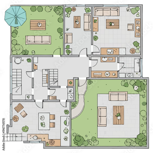 Modern Architectural Floor Plan of Residential House with Outdoor Spaces and Furniture Layout Top View Showing Living Areas and Garden Elements