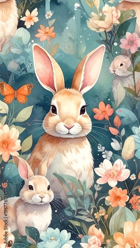 Rabbits in a colorful floral garden.
