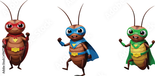 Cartoon superhero cockroaches, funny insect characters, heroic bug illustration, vector cockroach art, children cartoon design, comic insect drawing, colorful bug superhero vector