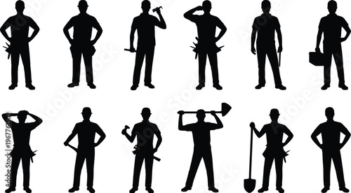 silhouette, construction, workers, tools, hammer, shovel, equipment, labor, maintenance, industry, professional, builder, technician, service, manual, job, activity, working, people, pose
