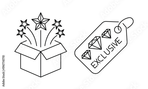 Exclusive gift box with stars and premium product tag with diamonds for luxury offer concept.Editable stroke, Vector illustration, Line art Icon, Symbols.