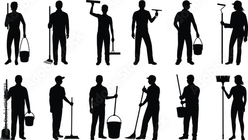 silhouette, cleaning, workers, janitor, tools, broom, mop, bucket, maintenance, service, sanitation, equipment, labor, industry, professional, hygiene, manual, job, activity, people