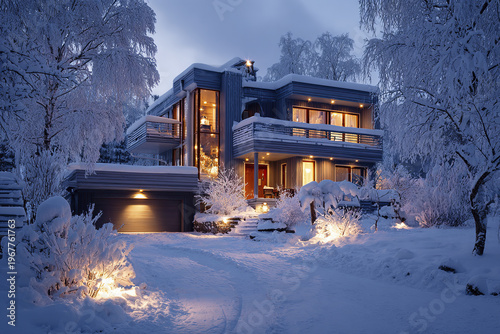 Modern house covered in fresh snow with warm glowing lights in peaceful winter landscape surrounded by snow covered trees and bushes at dusk