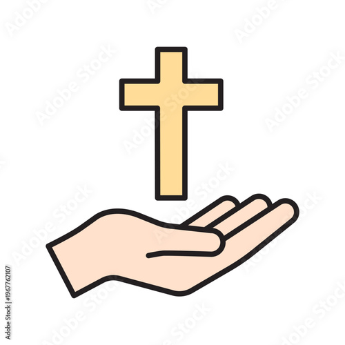 Vector filled line icon of a hand with a christian cross. Concept of religious faith, blessing and easter celebration. Clean outline with flat color.
