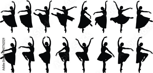 Elegant ballet dancer silhouette collection, female ballerina poses, graceful dance movements vector set, classic tutu dance illustrations for creative art projects and designs