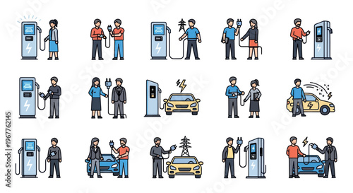 Electric Car Charging Stations: People Connecting EVs to Power