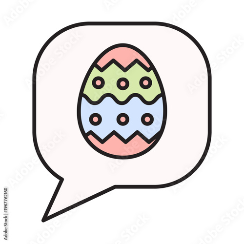 Colorful vector icon of a decorated Easter egg inside a chat bubble. Flat line art design with pastel colors and editable stroke for holiday greetings and spring season concepts.
