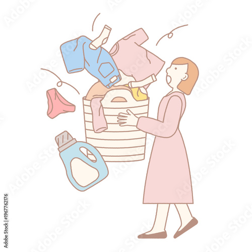 Surprised mother with overflowing laundry basket