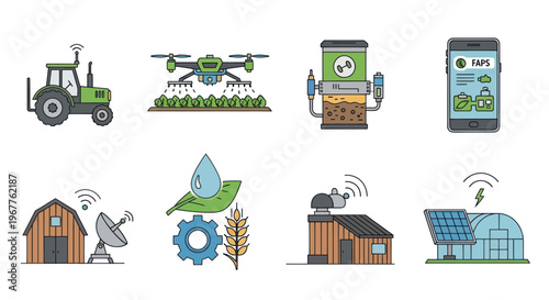 Smart Farming Technology Icons: Drone, Tractor, Smartphone, Barn, Greenhouse, Solar