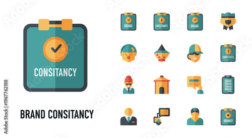 Brand Consistency Icons: Checklist, People, Building, Speech Bubble, Award