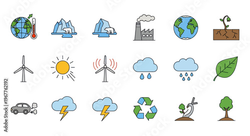 Climate Change Icons Set: Global Warming, Pollution, Renewable Energy, Nature