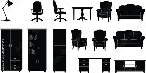 Essential furniture collection for home and office, featuring chairs, tables, cabinets, sofas, bookshelves, lamps, and stylish decor pieces