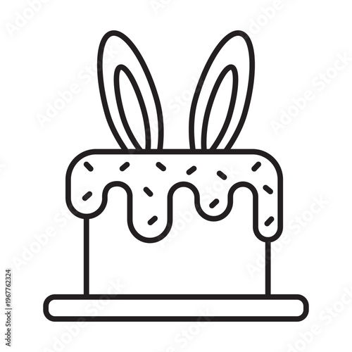 A clean, minimalist outline vector illustration of a sweet Easter paska cake decorated with dripping glaze, colored sprinkles, and a pair of tall bunny ears, all on a simple plate.