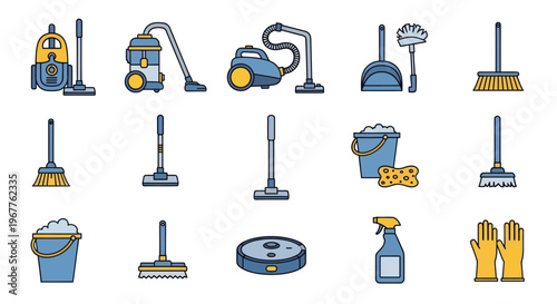 Cleaning Supplies Icons: Vacuum, Broom, Mop, Bucket, Gloves, Dustpan, Sprayer