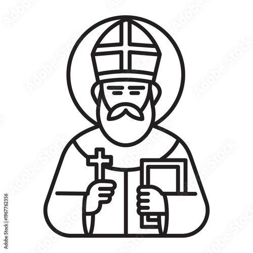 Minimalist linear icon of a holy father or saint holding a cross and bible. Professional vector illustration with editable stroke and clean black outlines on white background.