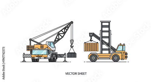 Vector illustration of construction crane and container forklift on white background