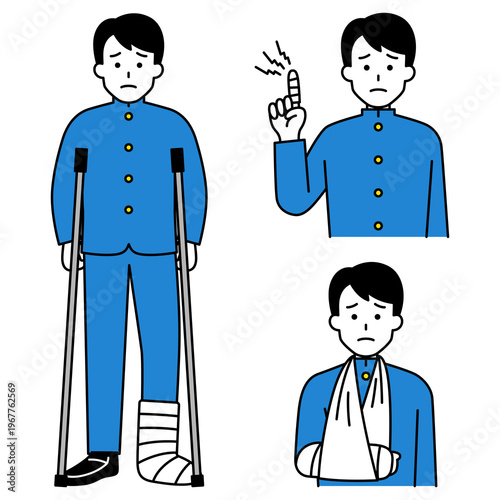 指・腕・足の怪我をしている男子学生のセット