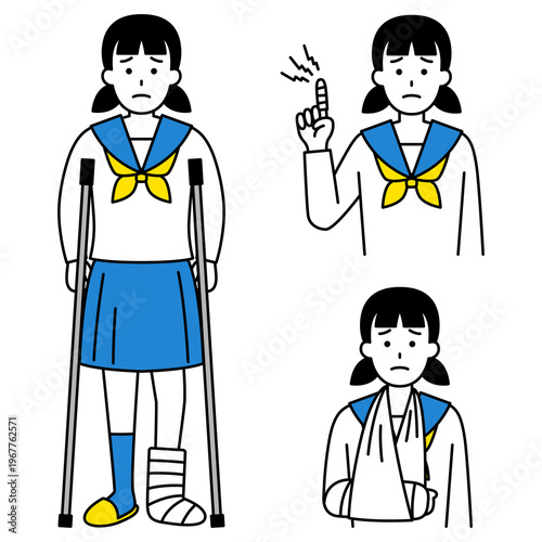 指・腕・足の怪我をしている女子学生のセット